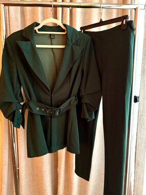 Forest Green Belted Blazer and Pants Set- Shein- Small